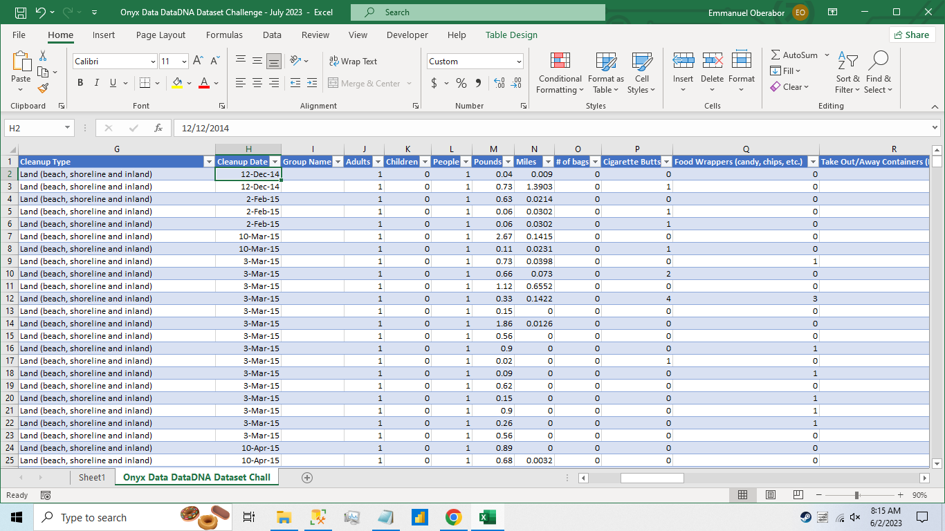 Dataset in Excel